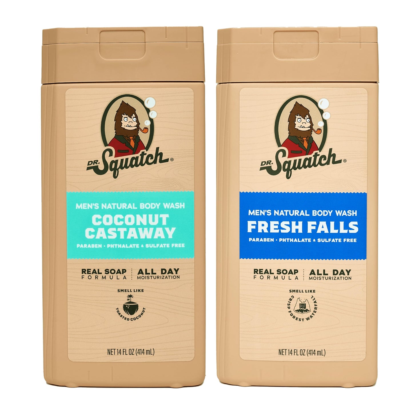 Dr. Squatch Natural Men's Body Wash Shower Gel - Cleansing, Nourishing, Long Lasting Scent, Moisturizing Body Wash for Men - Fresh Falls + Coconut Castaway (14 oz, 2-Pack)