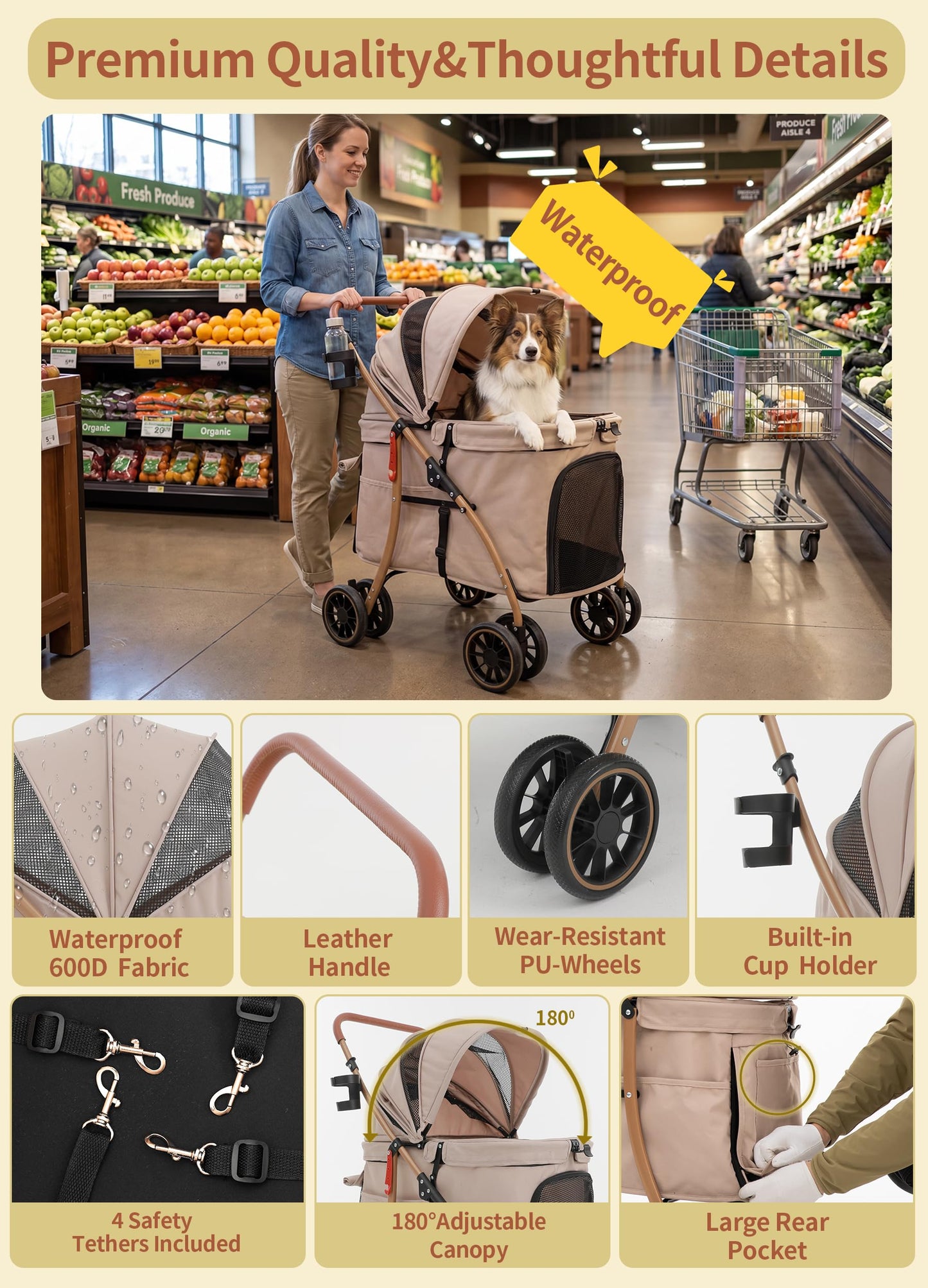 MILA&LOUIS Low-Profile Large Space Pet Stroller for Medium & Small Dogs, Suitable for Multi-Pet and Senior Dogs, 55lbs Max Load, 360° Swivel Front Wheels, One-Touch Foldable Design with Rear Brake