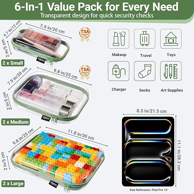 YQBRAO 6 Pack Sleek Green Clear Hard Shell Zipper Case, 1.2mm Heavy Duty Tech & Cord Organizer Pouches, Crush-Proof Electronic Storage for Travel, Tools & Diaper Bag (2L+2M+2S)