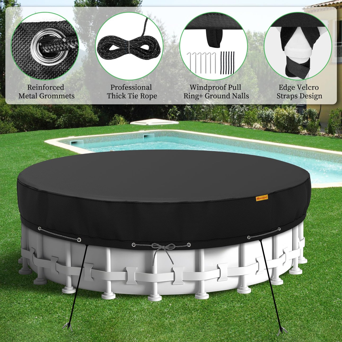 HIGHTQURO 12Ft Round Pool Cover,Heavy Duty Waterproof Round Pool Covers for Above Ground Pools with Ground Nails and Windproof Ropes,Increase Stability&Tear-Resistant, Waterproof and Dustproof, Black