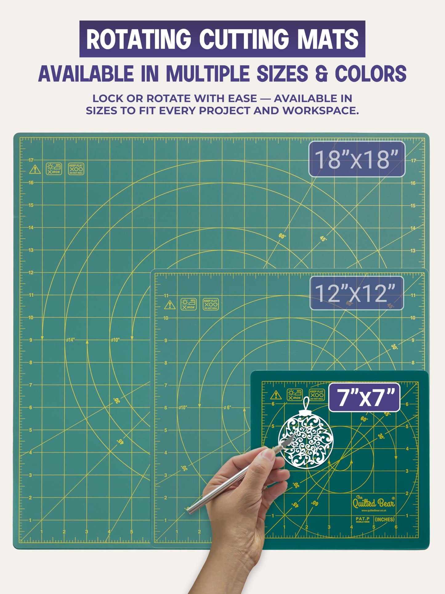 The Quilted Bear Rotating Cutting Mat 7" x 7" - Locking & Rotating Self Healing Cutting Board for Sewing, Fabric & Effortless Quilting - 360 Degree Sewing Supplies Mat for Craft Table (Green)