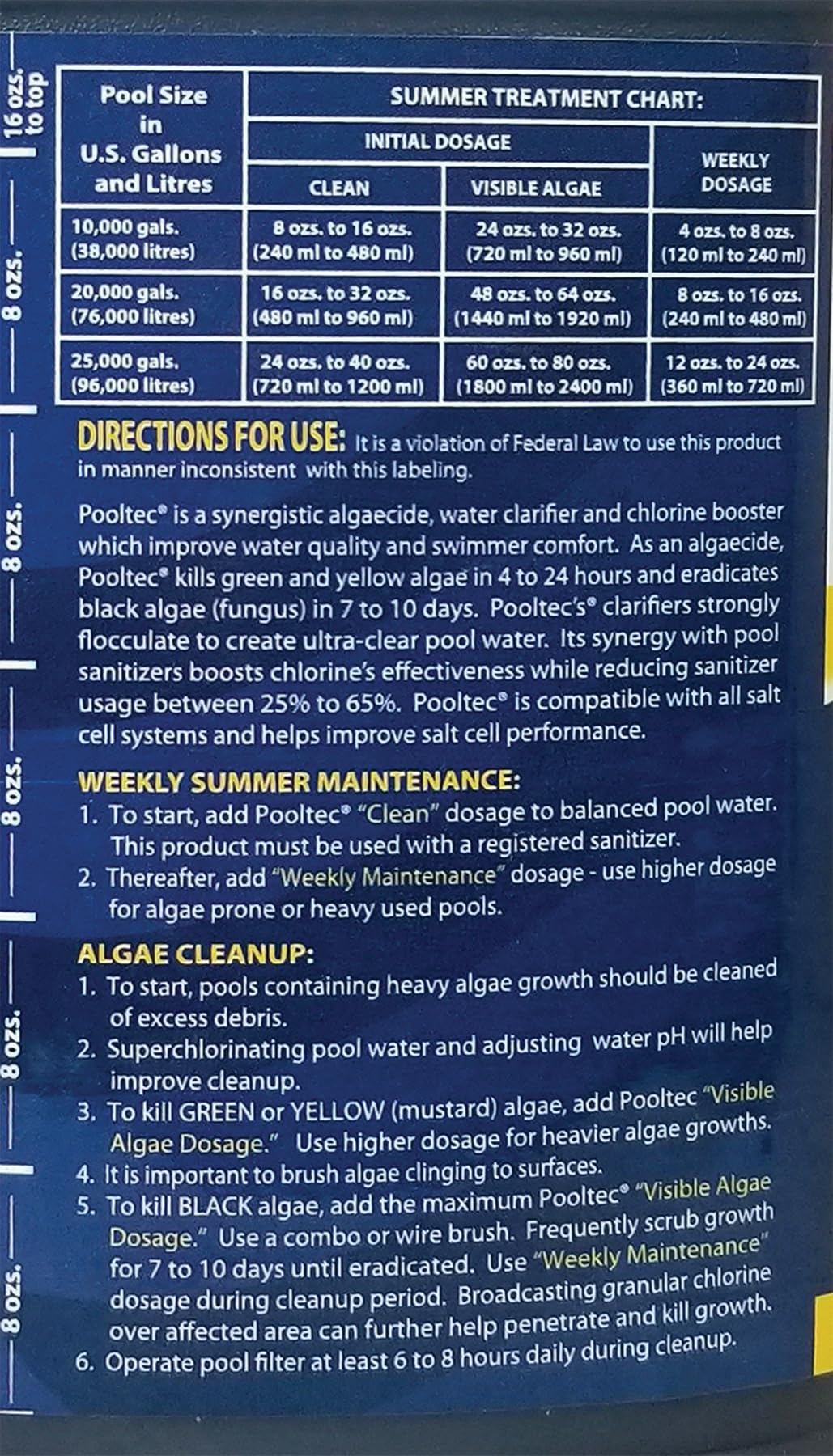 EASYCARE 30128 Pooltec Algaecide, Clarifier and Chlorine Salt Cell Booster, 128 Fl. Oz Bottle