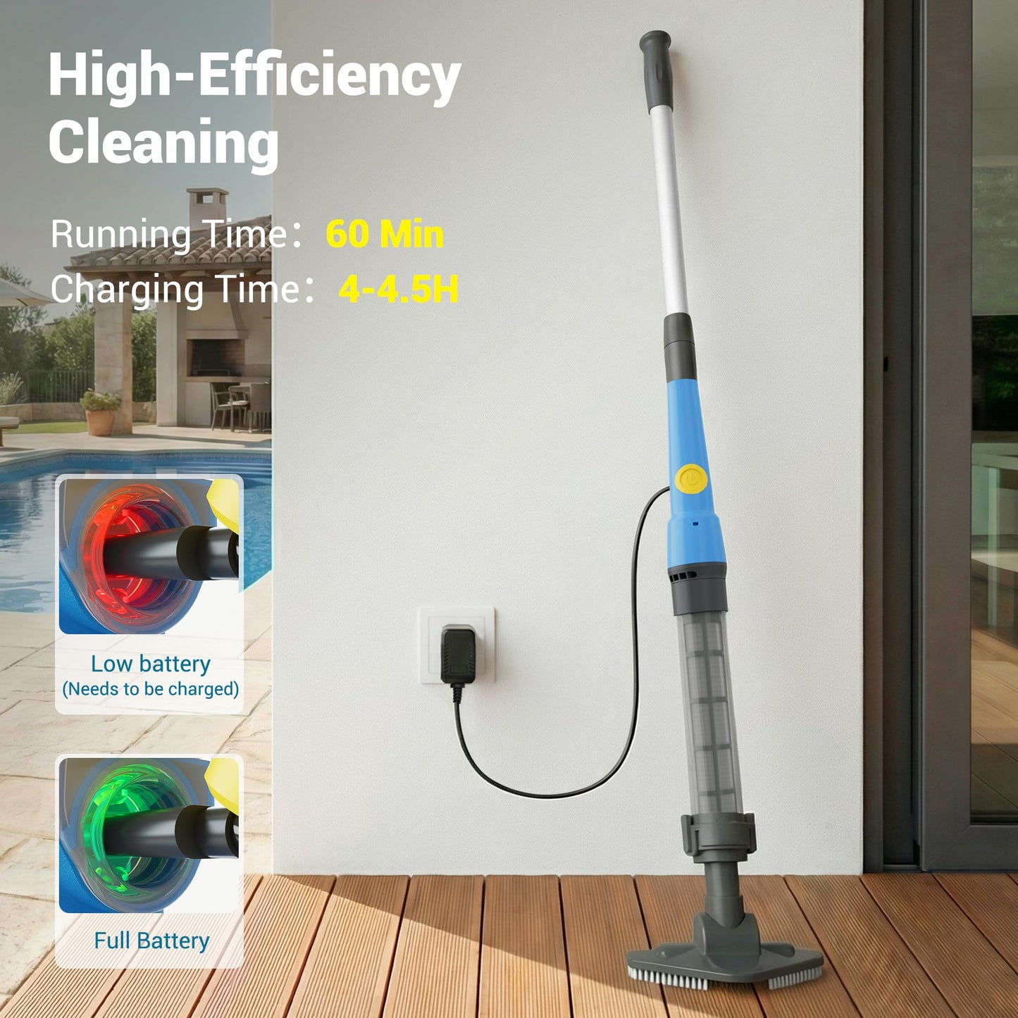 Hushlight Spa Vacuum for Hot Tub, Cordless Pool Vacuum for Above Ground Pool, Lightweight Handheld Pool Cleaner with 2 Brush Heads, Rechargeable Stick Spa Cleaner (Blue)