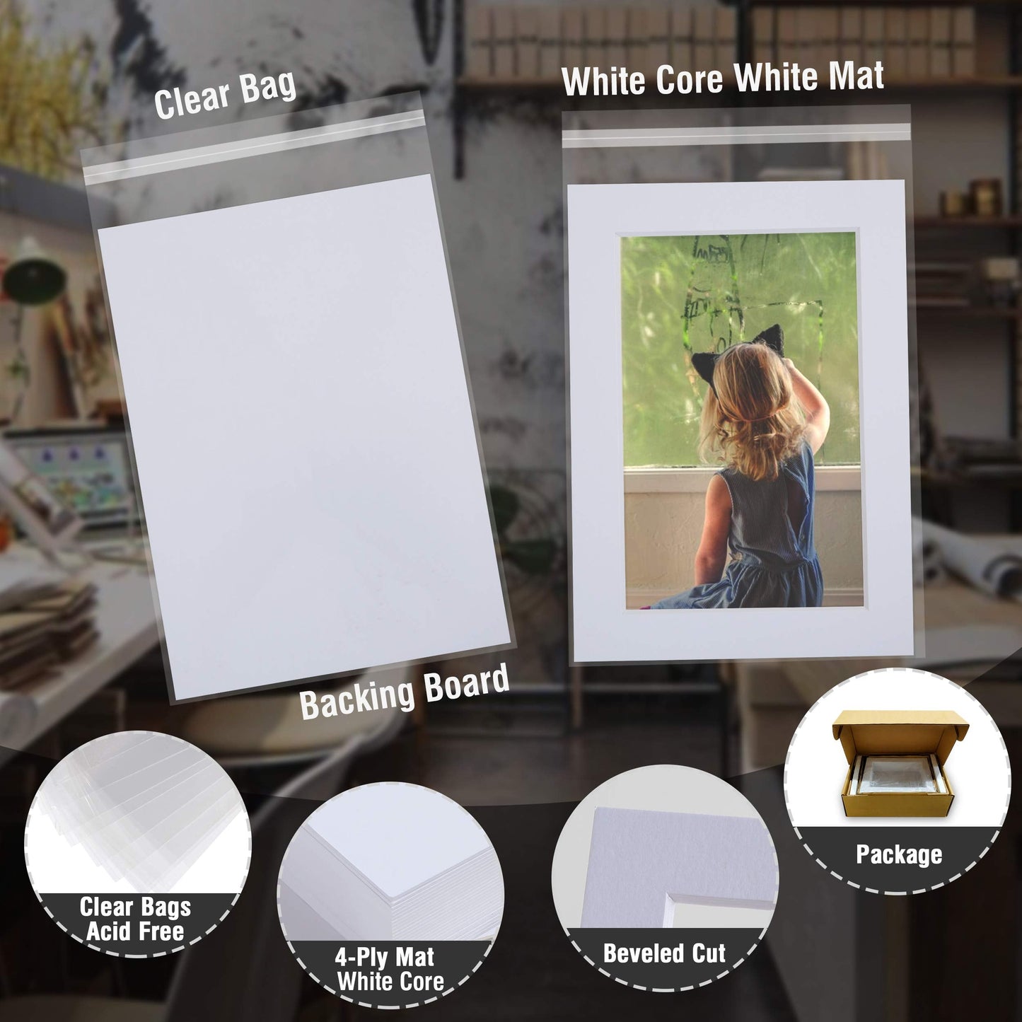 Falling in Art Acid Free 25 Pack 11x14 Pre-Cut Mat Board Show Kit for 8x10 Photos, Prints or Artworks, 25 Core Bevel Cut Matts and 25 Backing Boards and 25 Crystal Plastic Bags, White