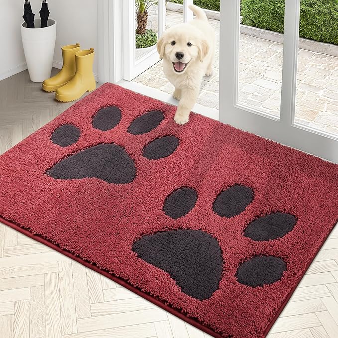 PURRUGS Dirt Trapping Door Mat 32" x 47", Non-Skid/Slip Machine Washable Microfiber Entryway Rug, Dog Doormat, Super Absorbent Welcome Mat for Muddy Wet Shoes and Paws, Burgundy Red