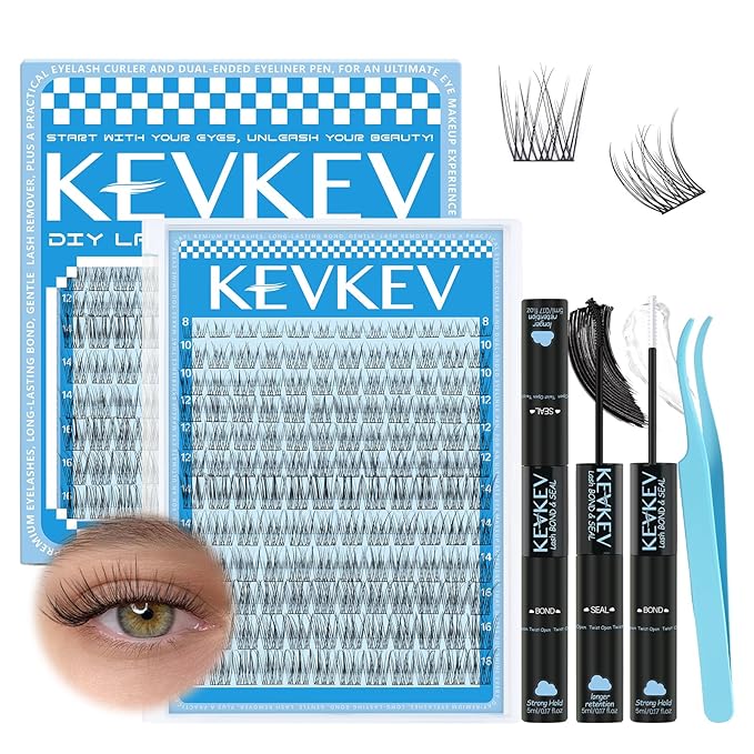 KEVKEV Wispy Lash Clusters Kit Invisible Thin Band Natural Eyelash Clusters 8-16mm Lash Extension Kit Mix Length Natural Look Cluster Eyelash Extensions With Lash Bond Lash Tweezers DIY Lash At Home