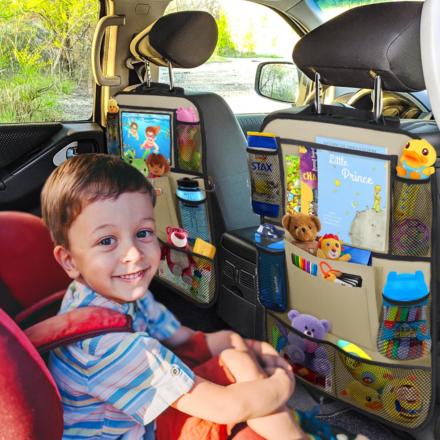 ULEEKA Car Backseat Organizer with 11" Table Holder, 10 Storage Pockets Seat Back Protectors Kick Mats for Kids Toddlers, Travel Accessories, 2 Pack, Beige