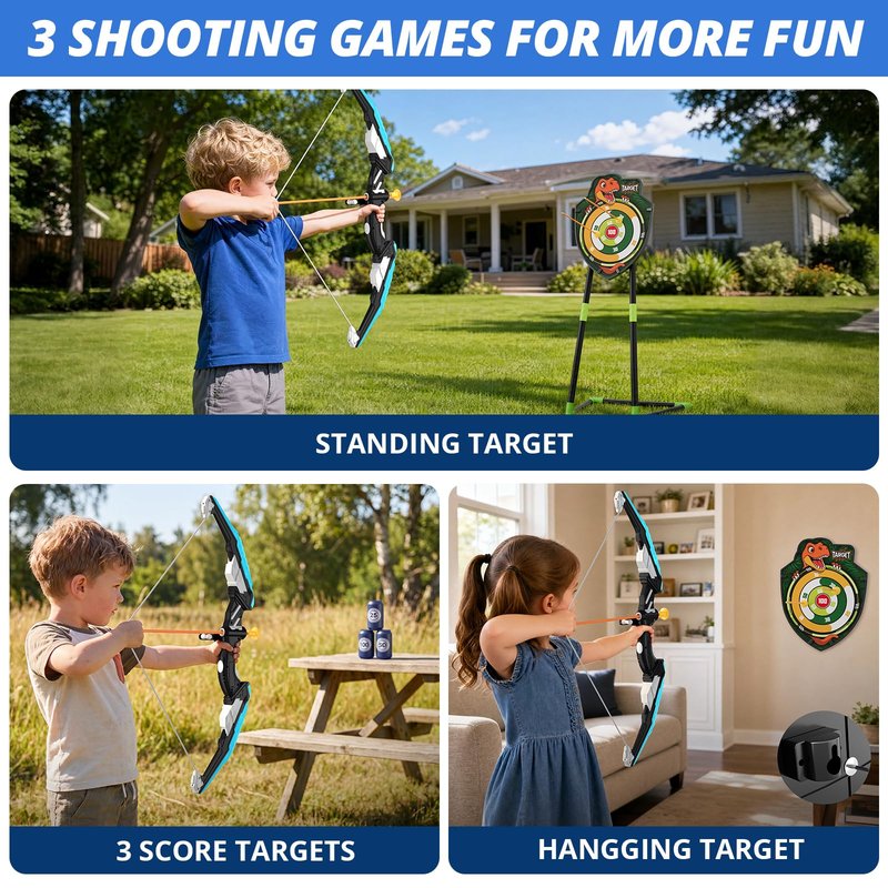 HYES Bow and Arrow for Kids, LED Light Up Archery Set with 12 Suction Cup Arrows, 1 Standing Target, 3 Score Targets & 1 Quiver, Indoor Outdoor Sport Gifts for Boys Girls Ages 4-12, Blue