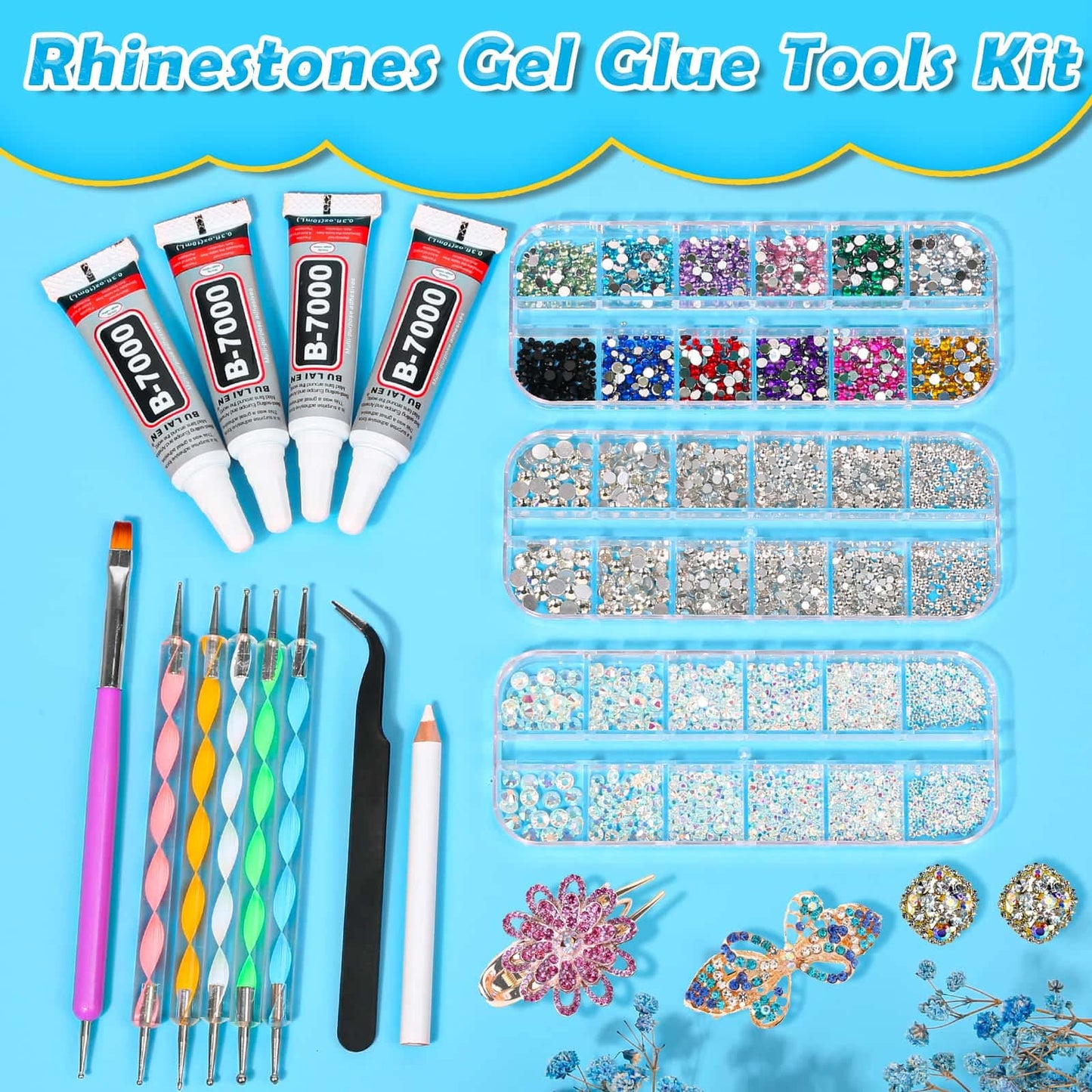shynek B7000 Jewelry Glue with Rhinestones for Crafts, 6300Pcs Rhinestones with Gems Adhesive for Shoes Cloth Fabric with Picker Pencil for Crafting Diamond Art Graduation Cap Decorations
