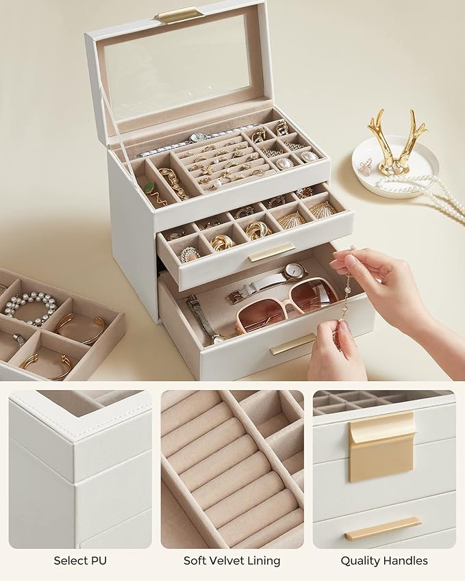 SONGMICS GISELLA Collection - Jewelry Box Organizer, 4-Layer Jewelry Storage with 3 Drawers, Shiny Metal Hardware, Glass Lid, Modern, 6 x 9.9 x 8.5 Inches, Cloud White and Gold Color UJBC161W01