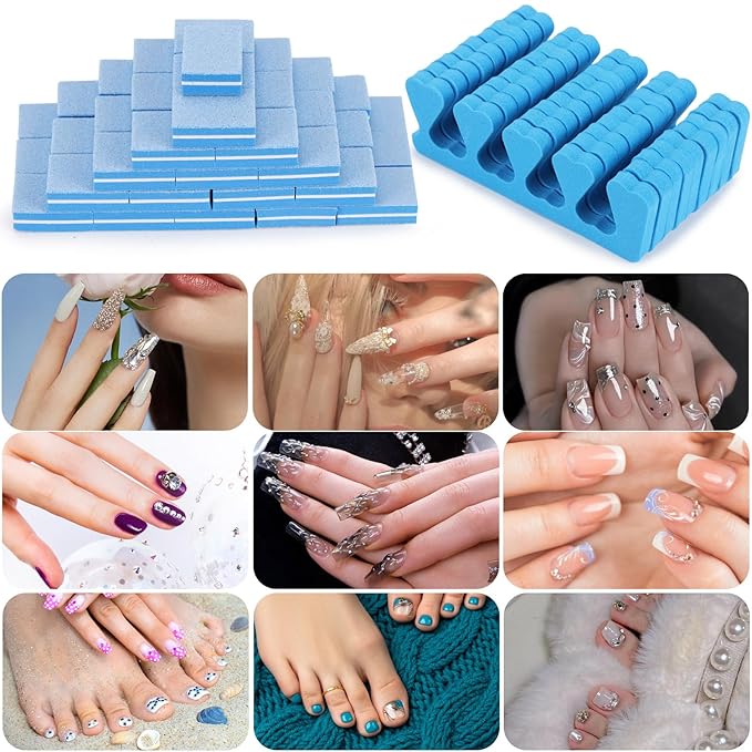 102pcs Toe Separators Set - Premium Pedicure Tool Super Soft Pedicure Toe Separator- Mini Nail Buffer Block File 80/100 Grit 2 Sided, Blue