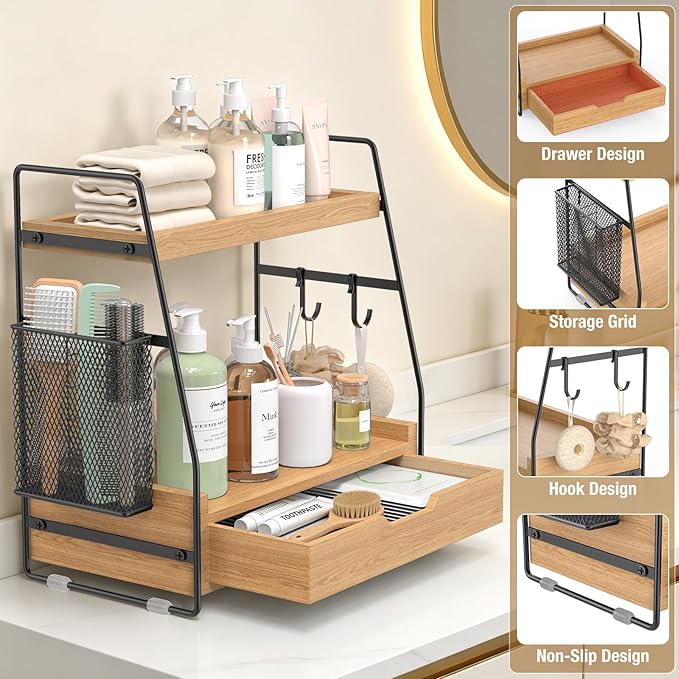 2 Tier Bathroom Counter Organizer Wood - Tiered Bathroom Countertop Shelf with Drawer, Removable Basket & 2 Hooks, Makeup Vanity Organizer for Skincare Perfume Toiletries, 13'' Wood