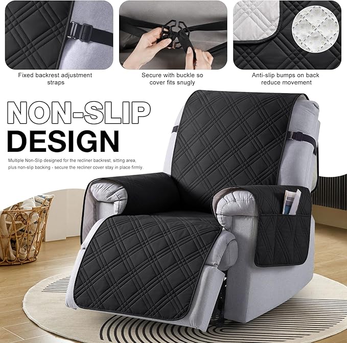 TAOCOCO 100% Waterproof Recliner Chair Cover, Small Recliner Covers for Recliner Chair with Pocket, Non Slip Reclining Chair Cover Furniture Protector for Kids, Pets(20'', Black)