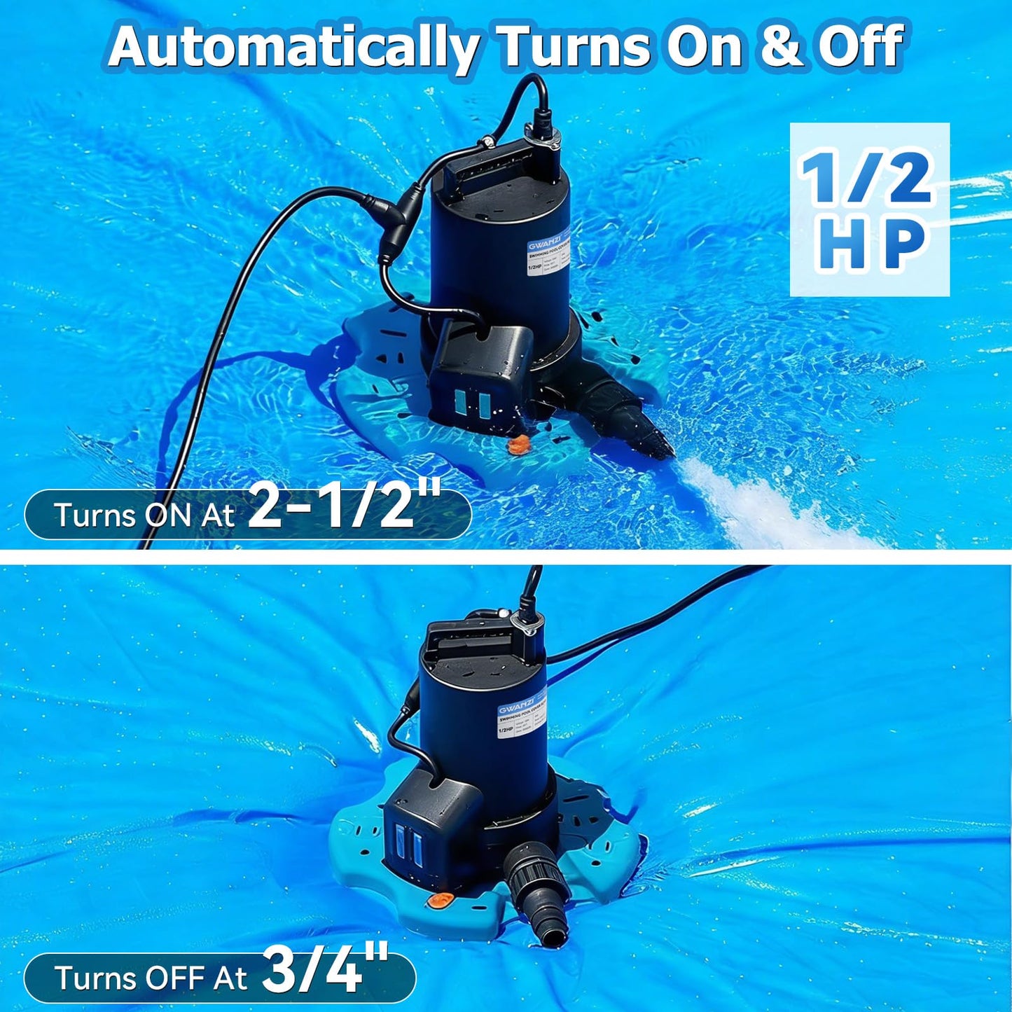 1/2HP Automatic Swimming Pool Cover Pump 3500GPH Submersible Water Pump with 3/4” Check Valve Adapter & 25ft Power Cord 110V Sump Pump for Swimming Pool Hot Tubs Pond Basement Rooftops