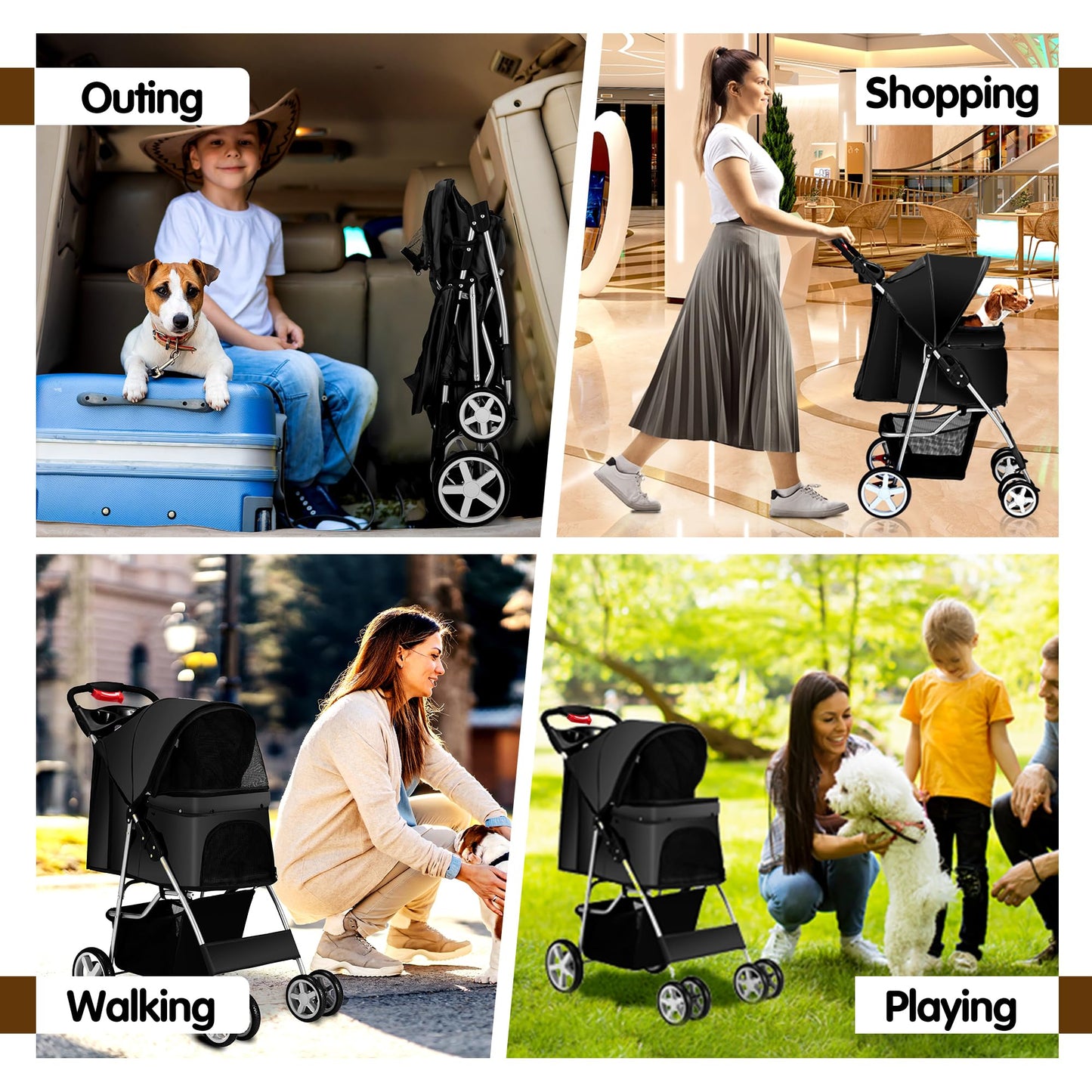 Azaeahom Pet Stroller, 4 Wheels Pet Strolling Cart for Medium/Small Dogs and Cats, Foldable Cat Jogger/Dog Stroller with Cup Holder, Storage Basket, Breathable Mesh, All-Season Pet Carrier, Black