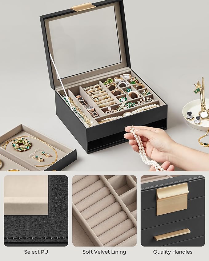 SONGMICS GISELLA Collection - Jewelry Box Organizer, 2-Layer Jewelry Storage with 1 Drawer, Shiny Metal Hardware, Glass Lid, Modern, 8 x 9.1 x 4.1 Inches, Ink Black and Gold Color UJBC174B01