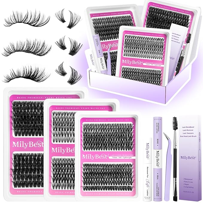 MilyBest Lashes Clusters Kit 684Pcs Bulk Wispy False Eyelash Extensions, Natural Lash Clusters D Curl Individual Eyelashes Volume, Wholesale 3 Large Packs with Lash Glue&Seal|Tweezers|Remover|Brush