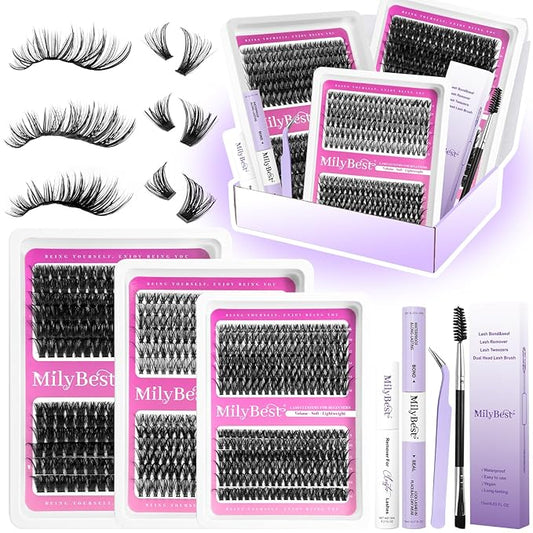 MilyBest Lashes Clusters Kit 684Pcs Bulk Wispy False Eyelash Extensions, Natural Lash Clusters D Curl Individual Eyelashes Volume, Wholesale 3 Large Packs with Lash Glue&Seal|Tweezers|Remover|Brush