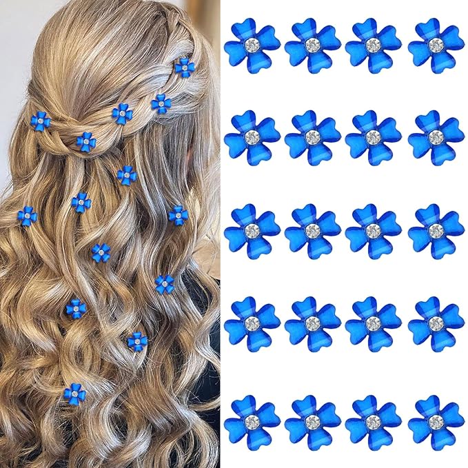 YISSION 20 Pcs Mini Dark Blue Flower Hair Clips with Rhinestone Cute Hair Pins Decorative Hair Clips Wedding Hair Barrettes Bridal Hair Accessories for Girls Women