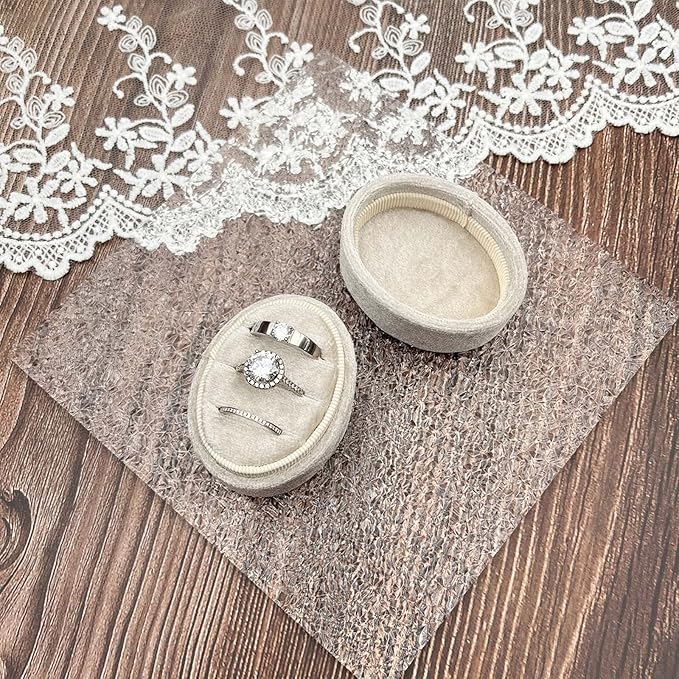 Velvet Oval Ring Box 3 Slots - Premium Wedding Three Rings Box Holder Vintage Handmade Storage Jewelry Organizer for Proposal, Engagement, Wedding Ceremony, Christmas (Beige)