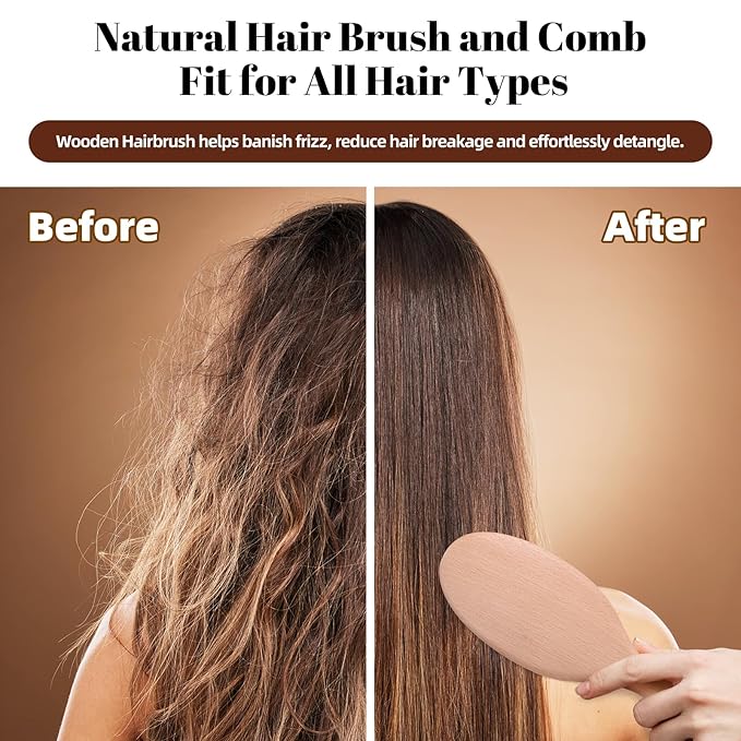 Wooden Hair Brush and Comb, One-piece Design, Reduce Frizz and Static, Massage Scalp, Detangling Paddle Hairbrush for Women, Girls, Kids, Includes Cleaning Claw, 5 Wood Bristles