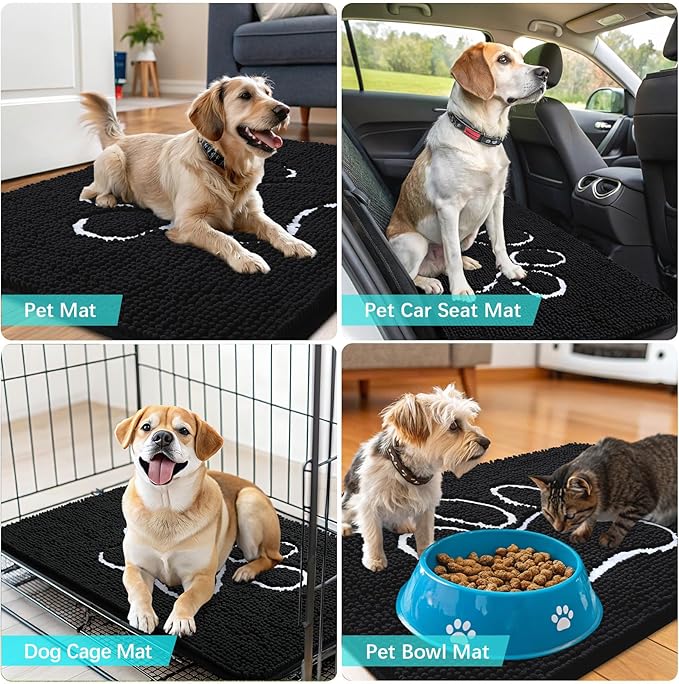 OLANLY Dog Door Mat for Muddy Paws 32x20, Paw Print Design, Absorbs Moisture and Dirt, Absorbent Non-Slip Washable Doormat, Quick Dry Chenille Mud Mat for Dogs, Entry Indoor Entryway Carpet, Black