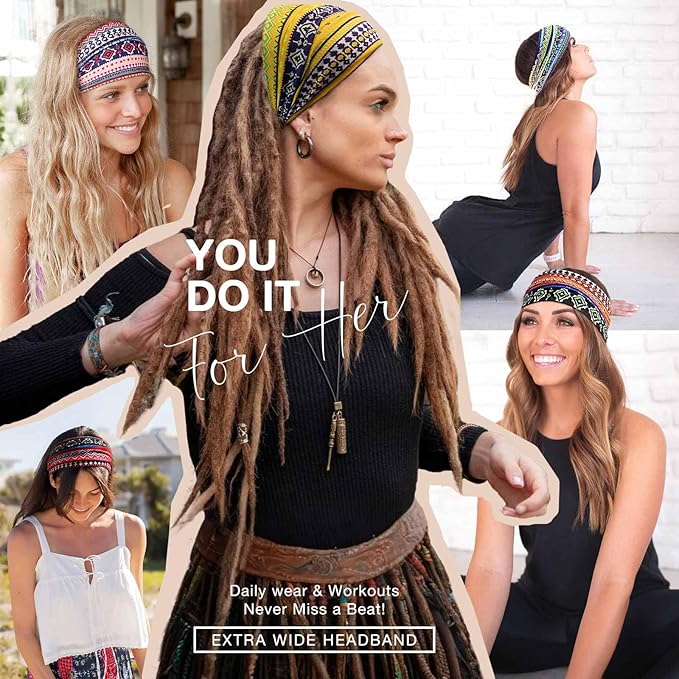 Awumbuk Wide Headbands for Women Knotted No Slip Head Bands Soft Turban Headband Hair Accessories Boho African Solid Color Head Wraps for Women Yoga Workout Pack of 6 (Retro)