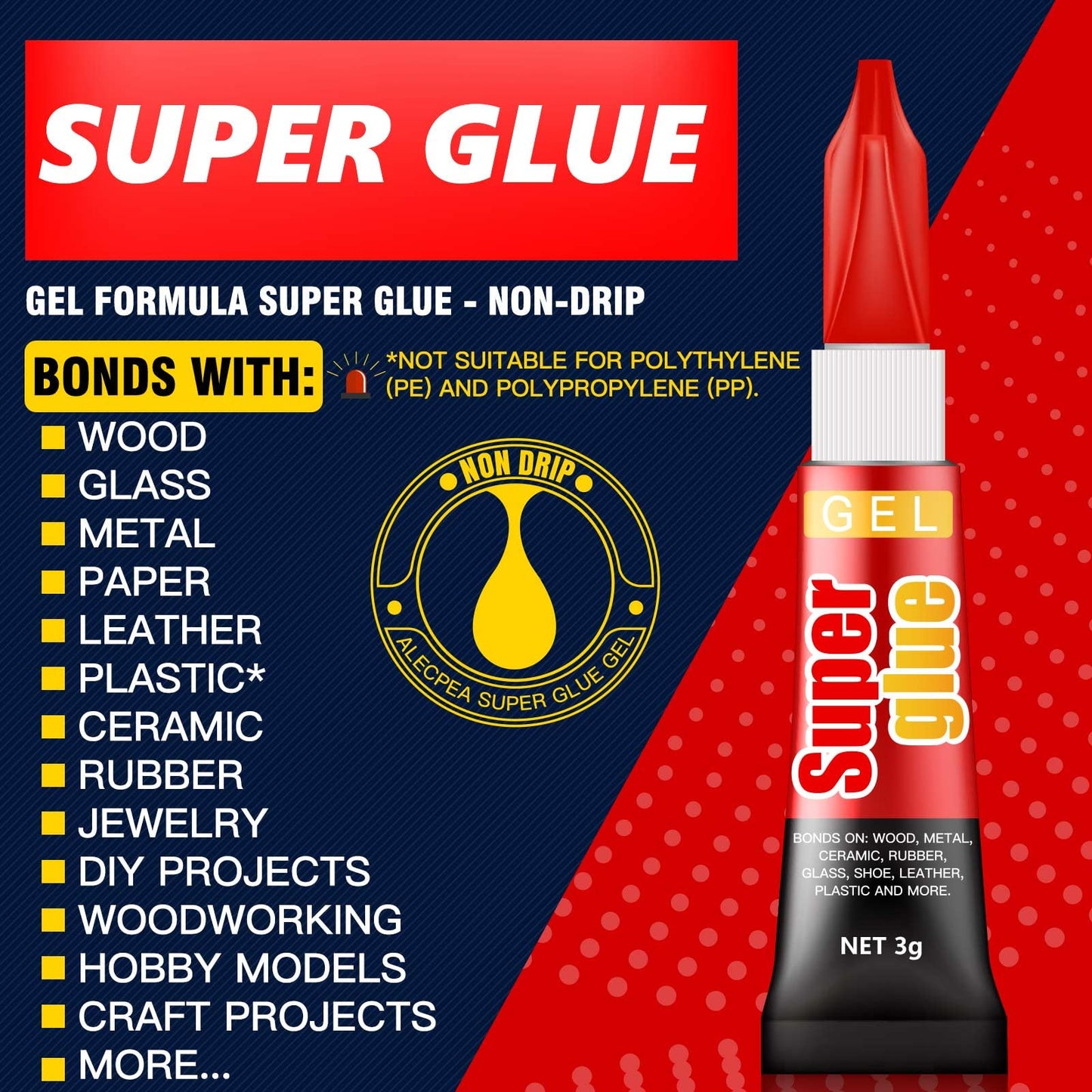 3 Gram (Pack of 24) Single use Super Glue Gel, Super Fast, Thick & Strong Adhesive Superglue, Cyanoacrylate Glue for Hard Plastics, DIY Craft, Ceramics, Frame, Leather, Metal Etc