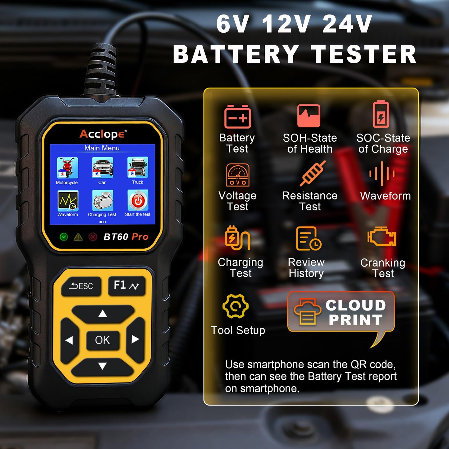 Acclope BT60 PRO Car Battery Tester 6V/12V/24V, 2–120Ah, 100–3000 CCA, AGM/Gel/Lithium, Alternator & Starter/Charging System Analyzer, QR Cloud Report (No App), Digital Analyzer