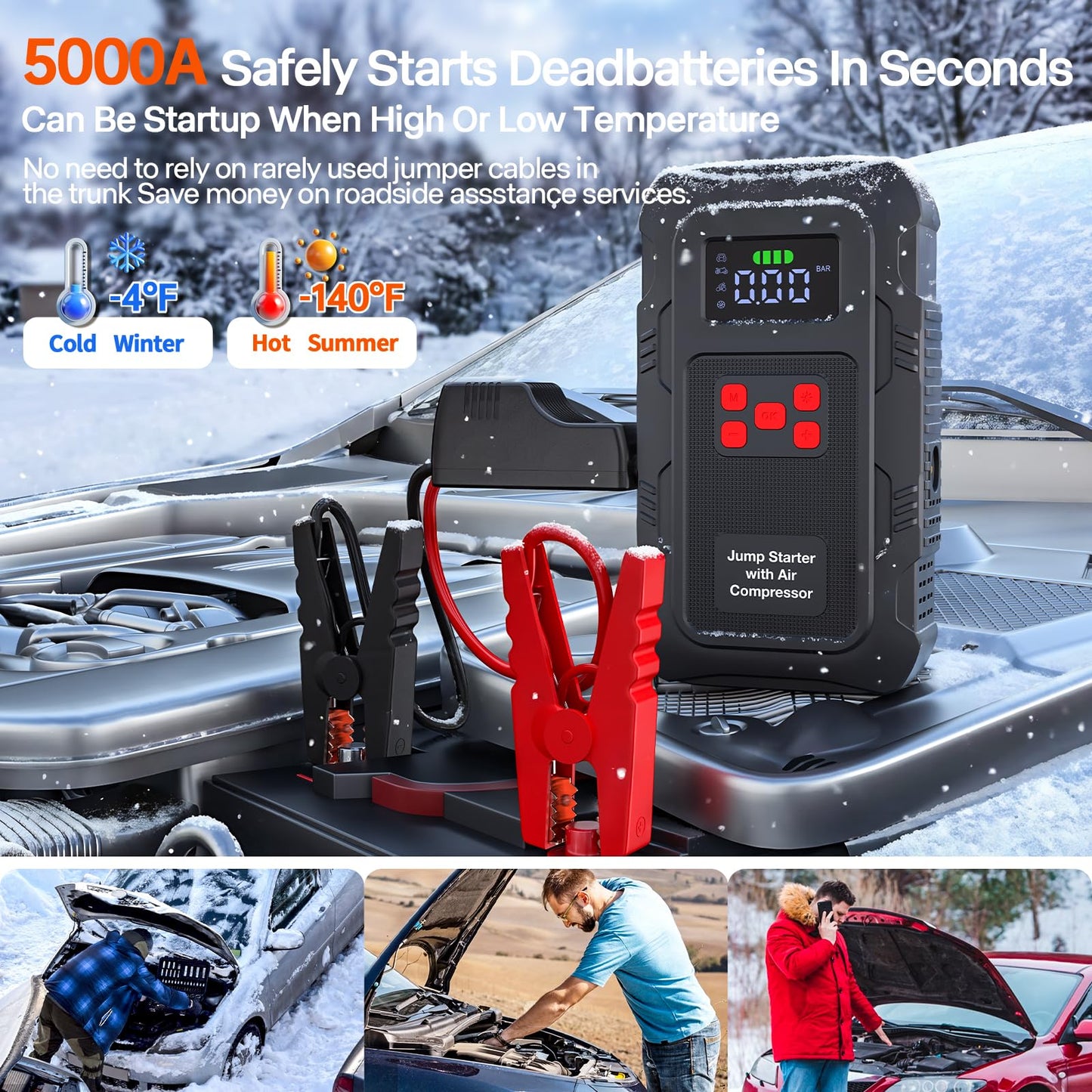 5000A Jump Starter with Air Compressor,A1 Car Jumper Starter with 150PSI Tire Inflator 12V Jump Box with LCD Display,Flashlight,Storage Case (Up 10L Gas/8L Diesel Engine