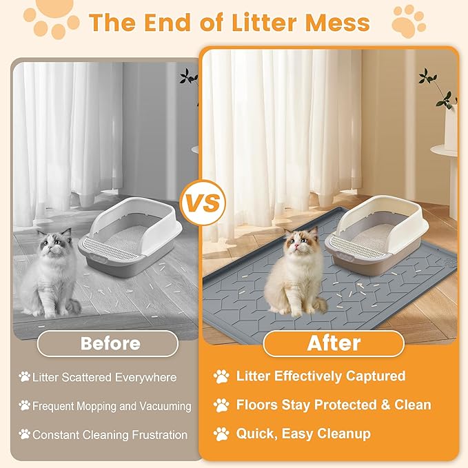 Cat Litter Mat, Extra Large 40"x28" Silicone Mat for Litter Box, Waterproof & Non-Slip Rubber Mat with Lip, Litter Trapping & Scatter Control, Soft on Cat Paws, Urine-Proof Floor Protector