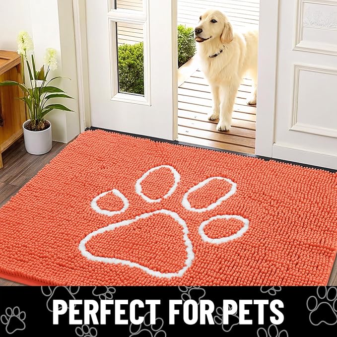 Smiry Dog Door Mat for Muddy Paws, Absorbent Dirt Trapper Non Slip Quick Dry Washable Chenille Mat for Mud Dogs, Entry Rug for Indoor and Outdoor (36x24 Inches, Coral and White)