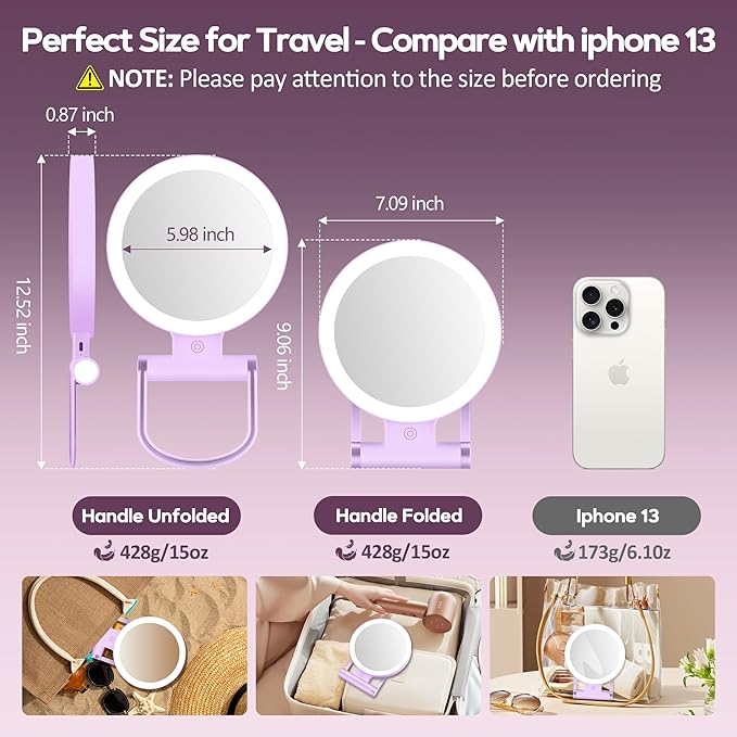B Beauty Planet Magnifying Mirror with Light 30X, Double-Sided 1X/30X Magnifying Makeup Mirror with Tweezer, 2000mAh 3 Colour Modes with Adjustable Brightness,Foldable Travel Mirror(Purple)