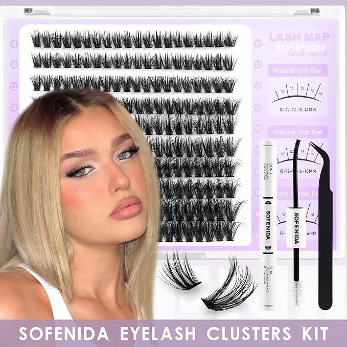 Fluff Lash Clusters Kit 60D Spiky Fluff Lash Cluster 10-18mm Volume Eyelash Clusters D Curvature Cluster Eyelash Extensions 3D Wispy Lash Clusters DIY Lash Extension Kit Lash Bond and Seal&Tweezers