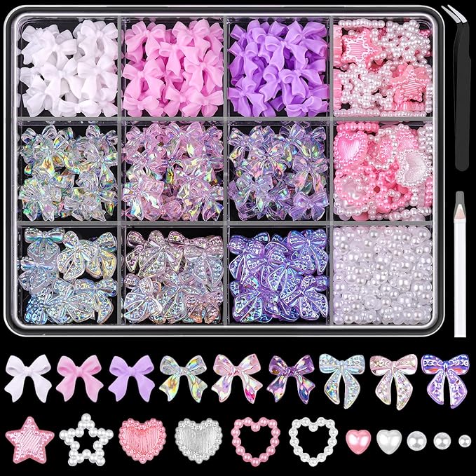 600 Pcs 3D Nail Charms and Flatback Pearls Set 12, 6 Colors Nail Bows Charm + Pink&White Star Heart Cute Nail Jewels + 2-4mm White Nail Pearls for Nail Art DIY Decoration with Pickup Tools