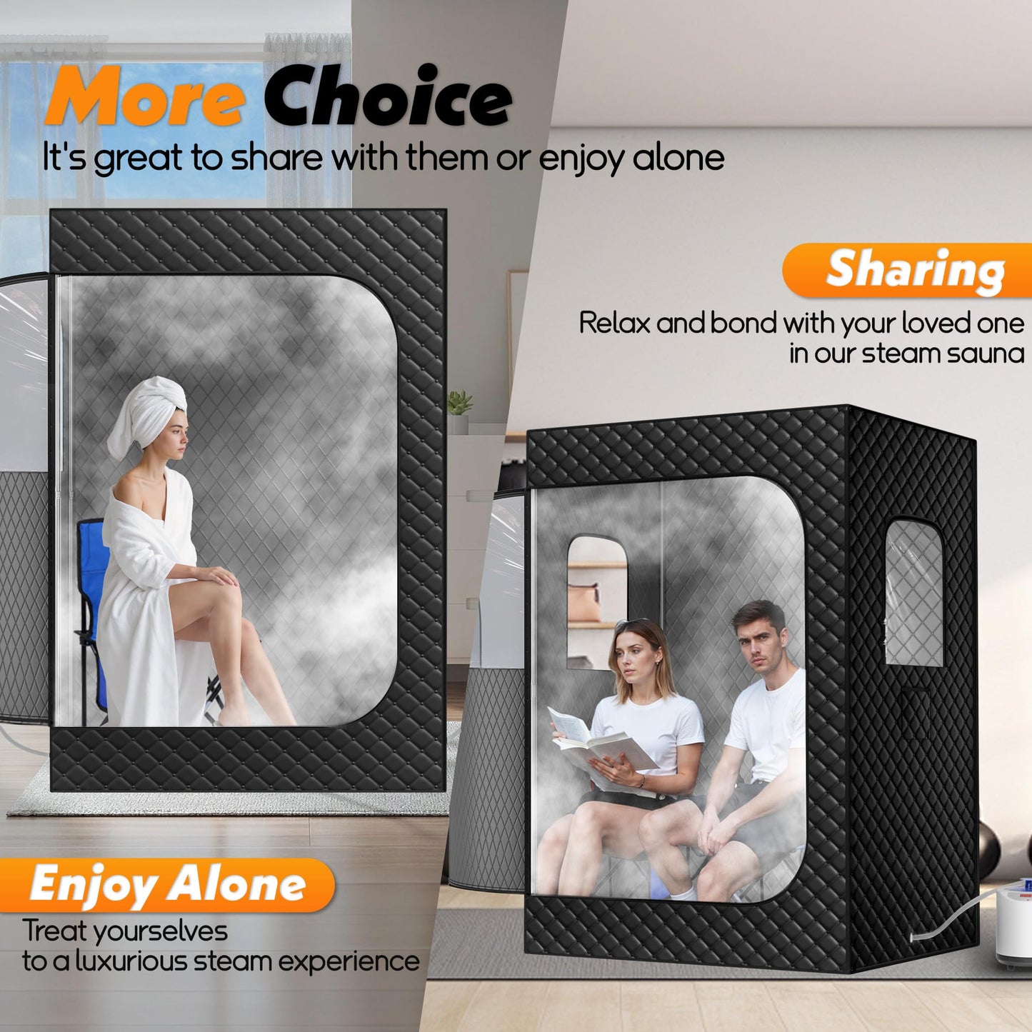 Tehanld 2 Person Portable Steam Sauna for Home, Extra Large Sauna Tent, Upgraded 2 Steamer, 2 Foldable Chair & Remote Control, Black