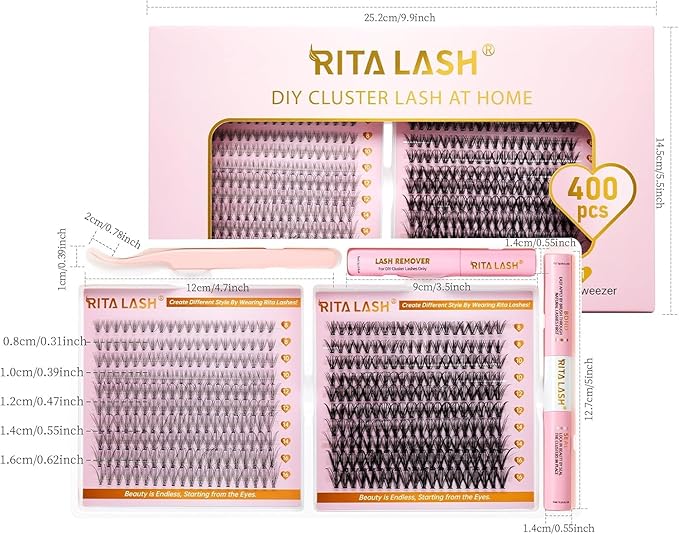 RITALASH Lash Extension Kit DIY Lash Clusters Kit 400pcs Cluster Lashes Individual Lashes Eyelash Extension Kit with Lash Bond and Seal,Lash Remover,Lash Tweezers(10D+30D Cluster Kit,8-16mm)