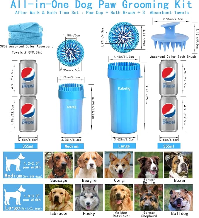 Dog Paw Cleaner Kit for Medium & Small Dogs - Quick Clean No Full Bath, 2-in-1 Paw Wash Cup with Detachable Silicone Brush Head, Includes Bath Brush & 3 Absorbent Towels, Blue