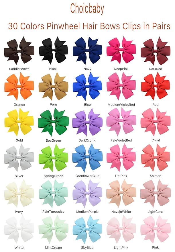 Choicbaby 60pcs 3 Inches Boutique Grosgrain Ribbon Pinwheel Hair Bows for Baby Girls, Toddler Bows Hair Clip Birthday Gifts In Pair