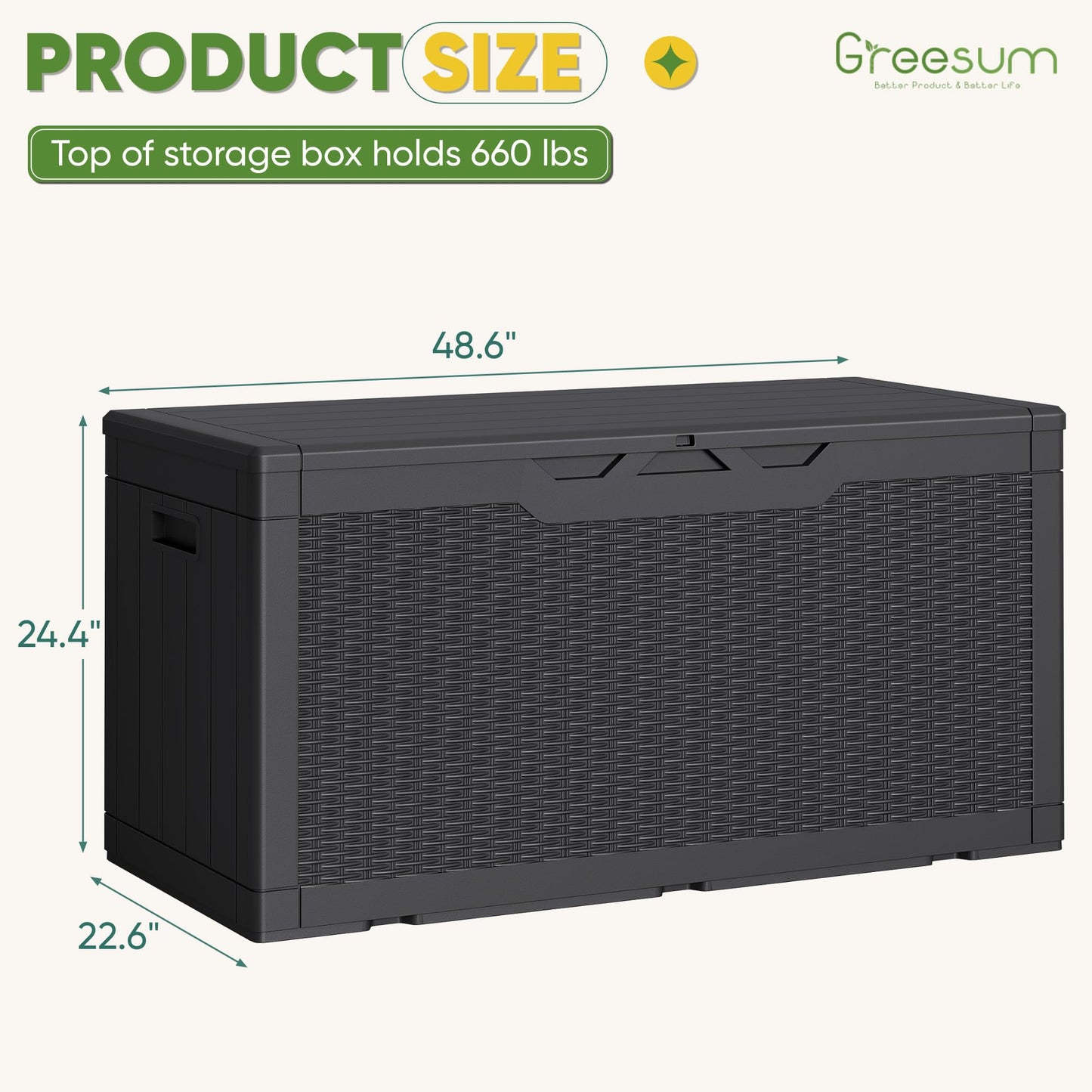 Greesum Outdoor Storage Box 100 Gallon Storage Bin with Lid for Patio Furniture, Garden Tools, Pool Supplies, Lockable, Waterproof and UV Resistant, Black