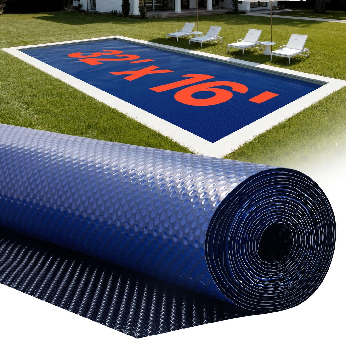 VEVOR Solar Pool Cover, 32 x 16 ft Pool Bubble Cover, 16 Mil Pools Solar Blanket with Dual Heat-Locking Air Layer for Pools, Daytime Heat Absorption, Nighttime Heat Retention, Blue & Silver, Cuttable