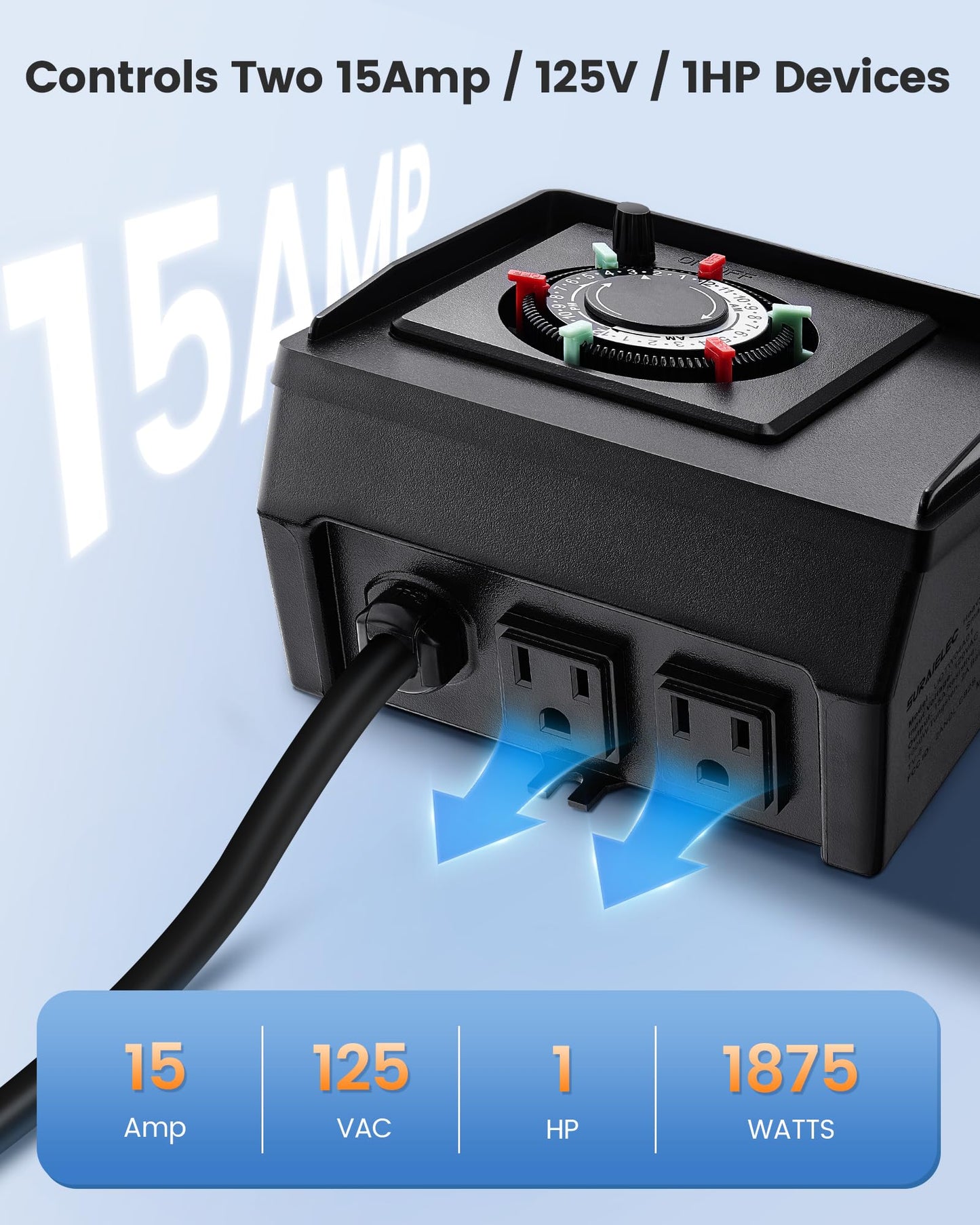 SURAIELEC Mechanical Pool Timer for Above Ground Pools, NEMA 5-15R Plug-in 24-Hour Timer with Dual Outlets, 15A 125V 1HP, Up to 3 Daily Settings, Weatherproof Cover for Pool Pumps, Outdoor Lighting