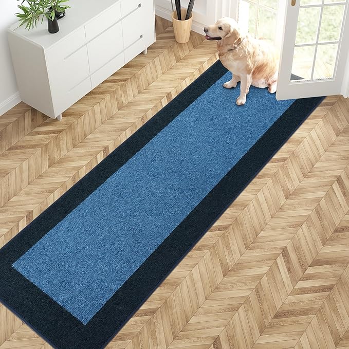 PURRUGS Dirt Trapping Door Mat 24" x 84", Non-Slip Washable Entry Mat, Dog Doormat, Front Door Mat, Super Absorbent Entrance Mat for Muddy Shoes & Paws, Light Blue & Navy