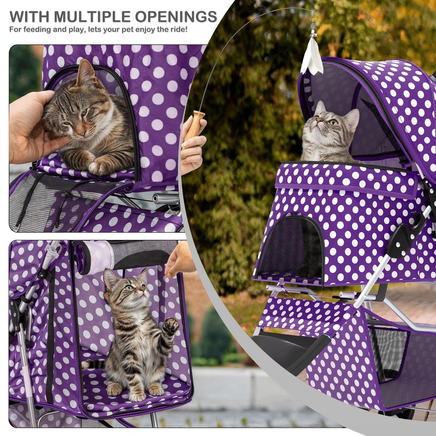 MoNiBloom 3 Wheels Pet Dog Cat Stroller for Small Medium Dogs Cats, Foldable Jogger Stroller w/Storage Basket and Cup Holder, Purple Polka Dots
