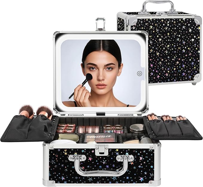 Relavel Makeup Bag with LED Mirror, Makeup Box Travel Train Case with Rechargeable Lighted Mirror, Cosmetic Brush Organizer Storage for Makeup Artists Gifts for Women and Girls (Black Star, Small)