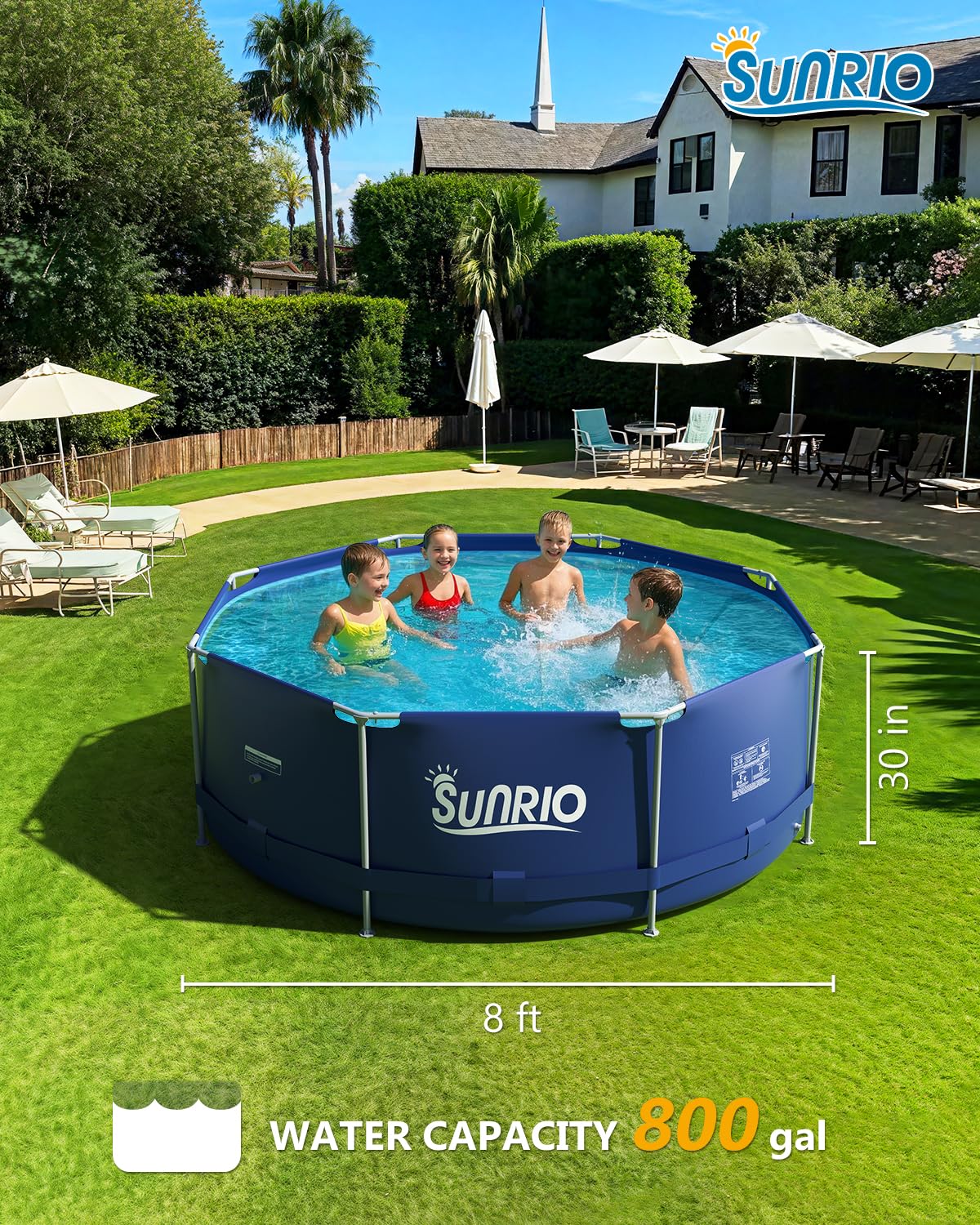 Sunrio Metal Pro 8ft X 30in Round Pool Durable Steel Frame Above Ground Pool for Outdoor Backyard Swimming Pool Suitable Friends Family Adults Kids