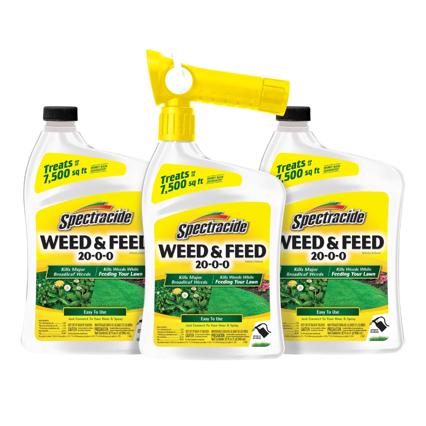 Spectracide Weed & Feed 20-0-0, 3 Count, Easy to Use QuickFlip Sprayer, Kills Weeds While Feeding Your Lawn, Kills Major Broadleaf Weeds Like Dandelion, Chickweed, Clover and Plantain