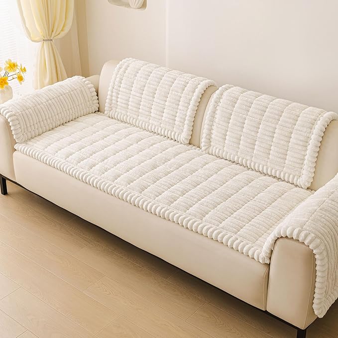 hyha Couch Covers for Dogs Washable, Non Slip Plush Dog Sofa Protectors, Fuzzy Pet Couch Covers for 3 Cushion Sofa Pet Friendly (White, 27.6" x 47")