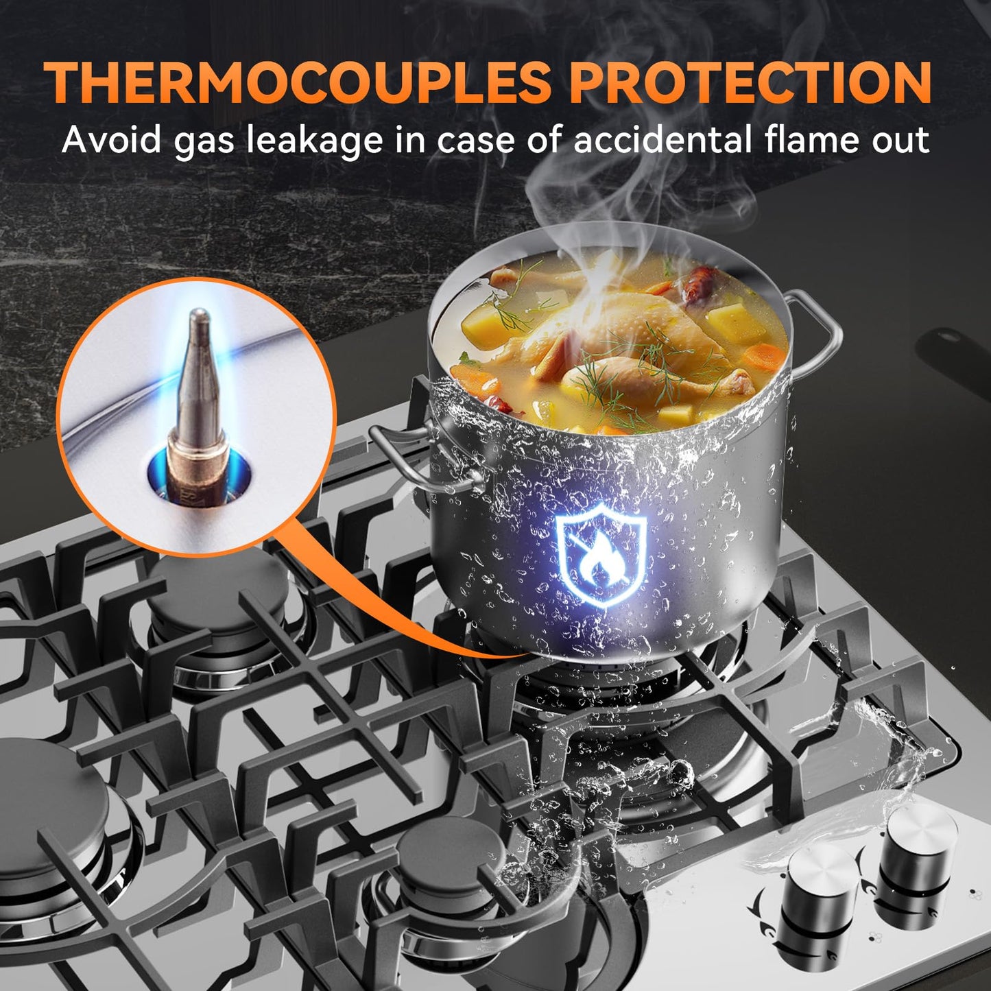 Gas Cooktop 24 Inch ROVLEP, Gas Stove Top Built-in 4 Burners Stainless Steel Total 31,600 BTU, 24Inch NG/LPG Convertible Propane Cooktop Dual Fuel, RV Stove Top with Thermocouple Protect
