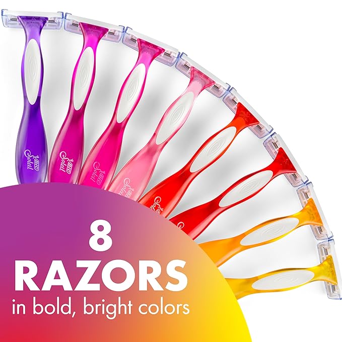 BIC Soleil 3 Colors Women's Disposable 3-Blade Razors, Aloe Vera and Vitamin E Lubricating Strip for Smooth Shaves, 8-Pack